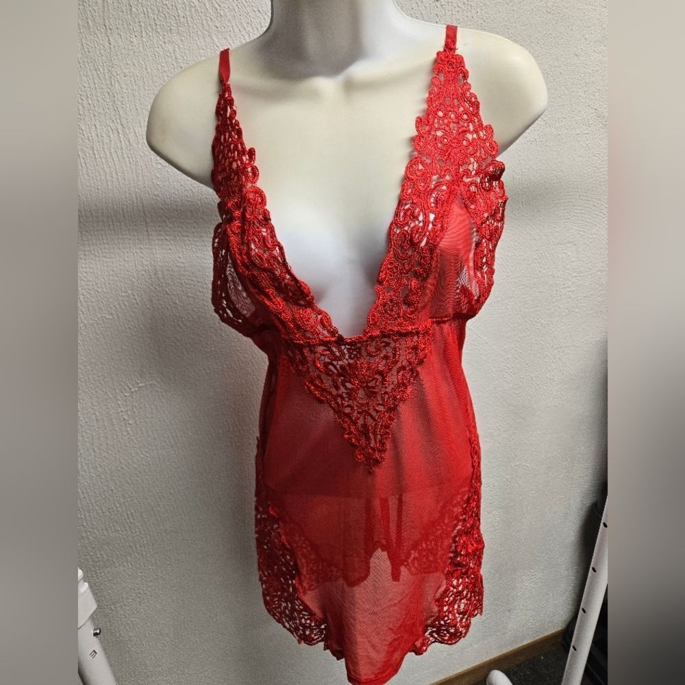 Red Lace Plunge Sheer Chemise - Women Intimates